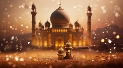 Islamic background witn desert, dust, castle, lanterns and lights. Generative ai