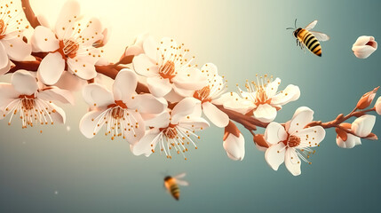Flowering tree branches and bees, generative AI.