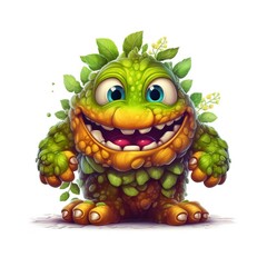 Fototapeta premium Funny face bush monster cartoon on white background Generative AI