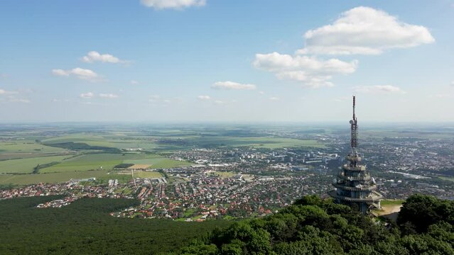 Cityscape view of Nitra from the top of Zobor Mountain, Pyramid Radio tower, 4k