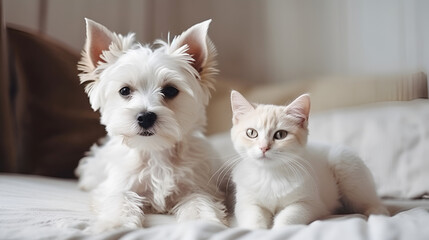cute West Highland White Terrier puppy and white kitten best friends sitting on bed and looking at camera. generative ai - obrazy, fototapety, plakaty