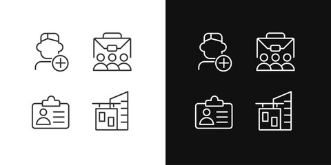Employment pixel perfect linear icons set for dark, light mode. Company personnel. Hiring employee. Workplace. Thin line symbols for night, day theme. Isolated illustrations. Editable stroke