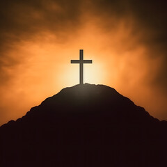 Divine Dawn: Silhouette Cross on Hilltop Bathed in Light