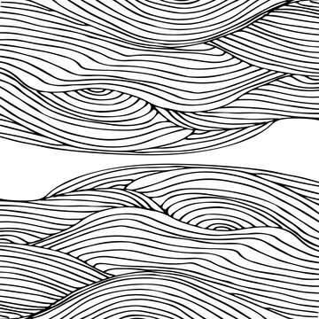 Simple minimalist wave pattern. Hand drawn graphic line art. Modern abstract  landscape. Monochrome black and white curly doodles