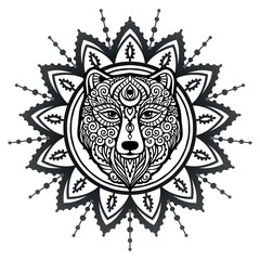 Bear mandala ornament. Vector illustration. Flower Ethnic drawing. Bear animal nature in Zen boho style. Coloring page black and white