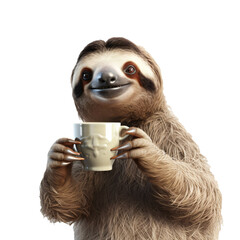 sloth with a coffee cup isolated on transparent background, generative ai