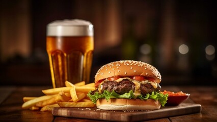 A generous cheeseburger with a pack of fries and a glass of beer. Traditional bar meal. A huge burger, golden potato fries and a cold beer. A traditional burger with cheese, bacon, lettuce, tomatoes a - obrazy, fototapety, plakaty