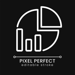 Pie chart pixel perfect white linear icon for dark theme. Data analysis presentation. Proportional model. Thin line illustration. Isolated symbol for night mode. Editable stroke. Poppins font used