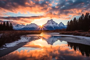 Door stickers Lavender An epic sunrise by the Grand Teton mountains reflected in the river