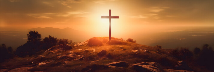 Easter Resurrection Concept: Cross on Hill Silhouette with Sun Rays
