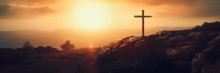 Resurrection of Jesus Christ: Silhouette Cross on Hill at Sunrise