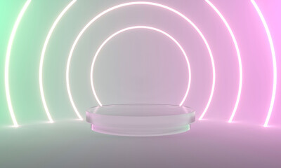 Product stand with light stripes. 3d illustration.