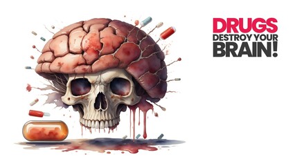 Drugs Destroy Your Brain, Bloody Brain Skull, The Dark Side of Drugs, International Anti Drugs Day , Drugs Kill You Watercolor Artstyle 