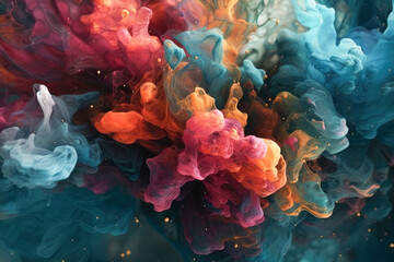 Splash of colored ink in water. Mixing paints in water. Abstract colorful gradient background for wallpaper, posters, product packaging or presentations. Deep space color palette. Generative AI