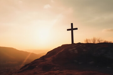 Resurrection of Jesus Christ: Silhouette Cross on Hill at Sunrise