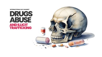 Bloody Skull The Dark Side of Drugs, International Day Against Drug Abuse and Illicit Trafficking, Drugs Kill You Watercolor Artstyle