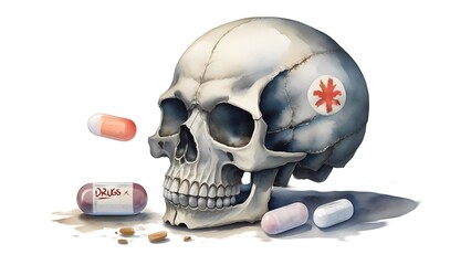 Bloody Skull The Dark Side of Drugs, International Day Against Drug Abuse and Illicit Trafficking, Drugs Kill You Watercolor Artstyle