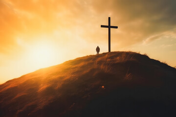 Resurrection of Jesus Christ: Silhouette Cross on Hill at Sunrise
