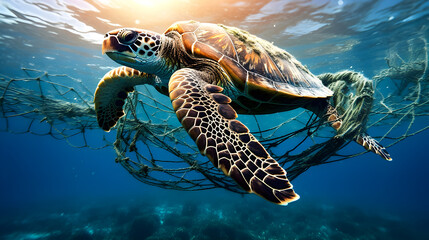 Turtle tangled in fishing net. Concept of safeguarding marine life from the impacts of industrial-scale fishing.