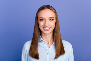 Photo of young girl representative ceo agent look straight on camera