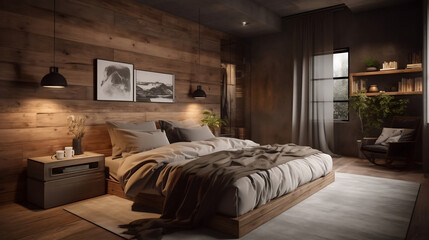 Home bedroom interior decorated with natural material. distinct. Generative ai.