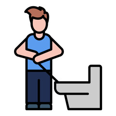 Man Cleaning Bathroom Line Color Icon