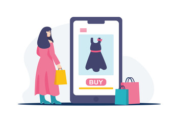 Beautiful lady standing near mobile phone and choosing clothes, ordering dress. Mobile app for making purchases via Internet. Consumer society and commercial business. Vector illustration