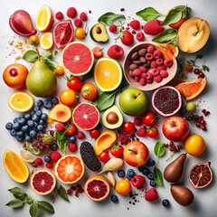 an array of colorful, fresh fruits and vegetables, artfully arranged on a crisp, white background. The image showcases a healthy, balanced diet, and the vibrant colors.  Ai generated. 