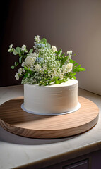 White cake on a wooden plate, buttercream, cake and floral art, food photography