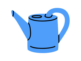 Hand drawn cute illustration of watering can. Flat vector garden equipment in colored doodle style. Plant care tool sticker, icon or print. Isolated on white background.