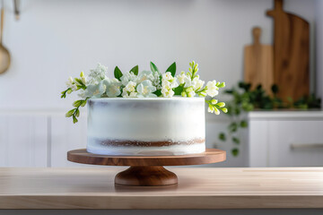 White cake on a wooden plate, buttercream, cake and floral art, food photography