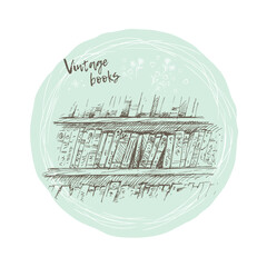 Bookshelf with vintage books, ink line sketch, vector illustration
