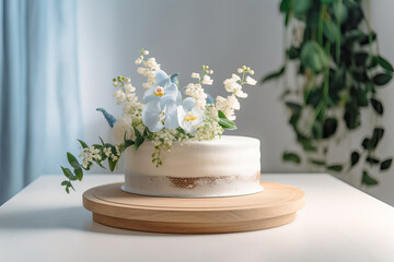 Obraz na płótnie Canvas White cake on a wooden plate, buttercream, cake and floral art, food photography
