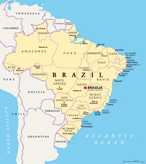 States of Brazil, political map. Federative units with borders and capitals. Subnational entities with a certain degree of autonomy. They form the Federative Republic of Brazil, with capital Brasilia. - 612340191