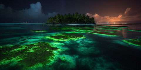 Vaadhoo Island with fluorescent algae
