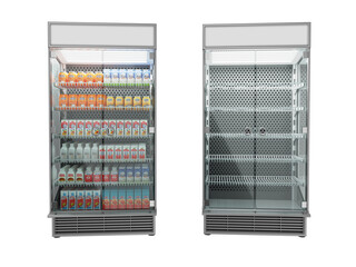 Refrigerated showcase with glass doors. 3d illustration, isolated on white