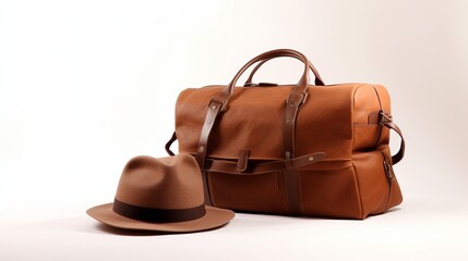 Vacation concept, large classic brown leather travel bag with hat Generative AI