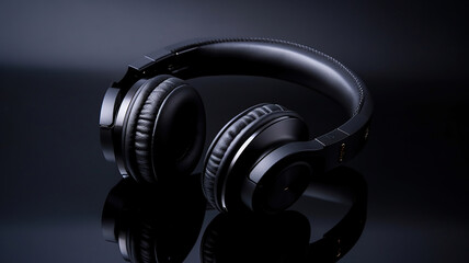 Fototapeta na wymiar Black headphones on a black matte background. Generative Ai