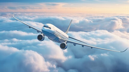Naklejka na ściany i meble Commercial airplane jetliner flying above dramatic clouds Generative AI