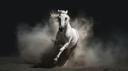 Fototapeta na wymiar White horse run forward in dust on dark background. Generative Ai
