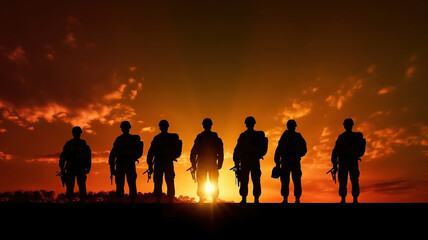 Fototapeta premium military silhouettes on sunset sky background. Generative Ai