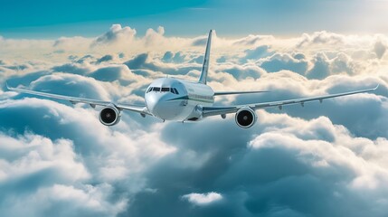Naklejka na ściany i meble Commercial airplane jetliner flying above dramatic clouds Generative AI