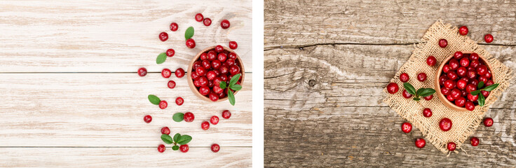 Cranberry with leaf in bowl on white wooden background with copy space for your text. Top view