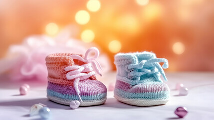 Fototapeta na wymiar closeup of baby shoes, baby shower decoration. Generative Ai