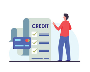 Process of obtaining loan. Young male taking out online loan from bank. Borrower filling out and submitting credit application form. Flat vector illustration