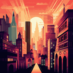 City landscape with modern tower buildings at the sunset. Vector illustration