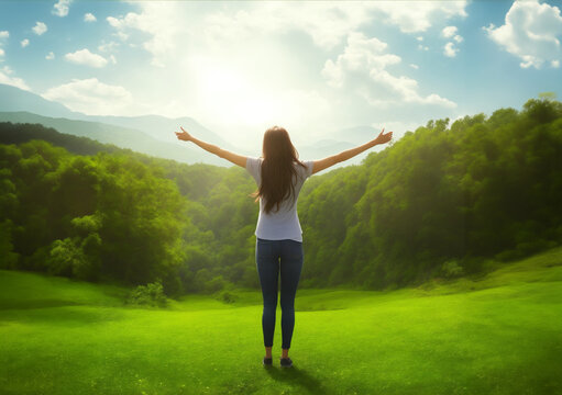 Beautiful relax female at the field with open arms (picture is fully created by AI technology and free of royalties, and unrecognizable person)