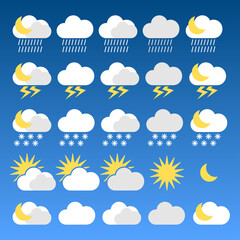 Weather icons, clouds, moon, night, sunny on blue gradiend background.