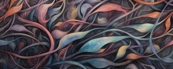 Layered vines themed color scheme abstract background, mixed media of colored pencil and painting