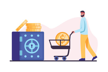 Protection of monetary savings. Contented male entrepreneur wheeling cart with huge gold dollar coin towards metal safe in room. Flat vector illustration